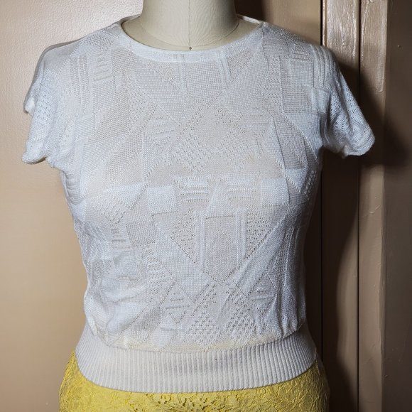 Vintage West German Knit Sweater Top - Waist Length - White  - Cap Sleeves - Picture 1 of 14
